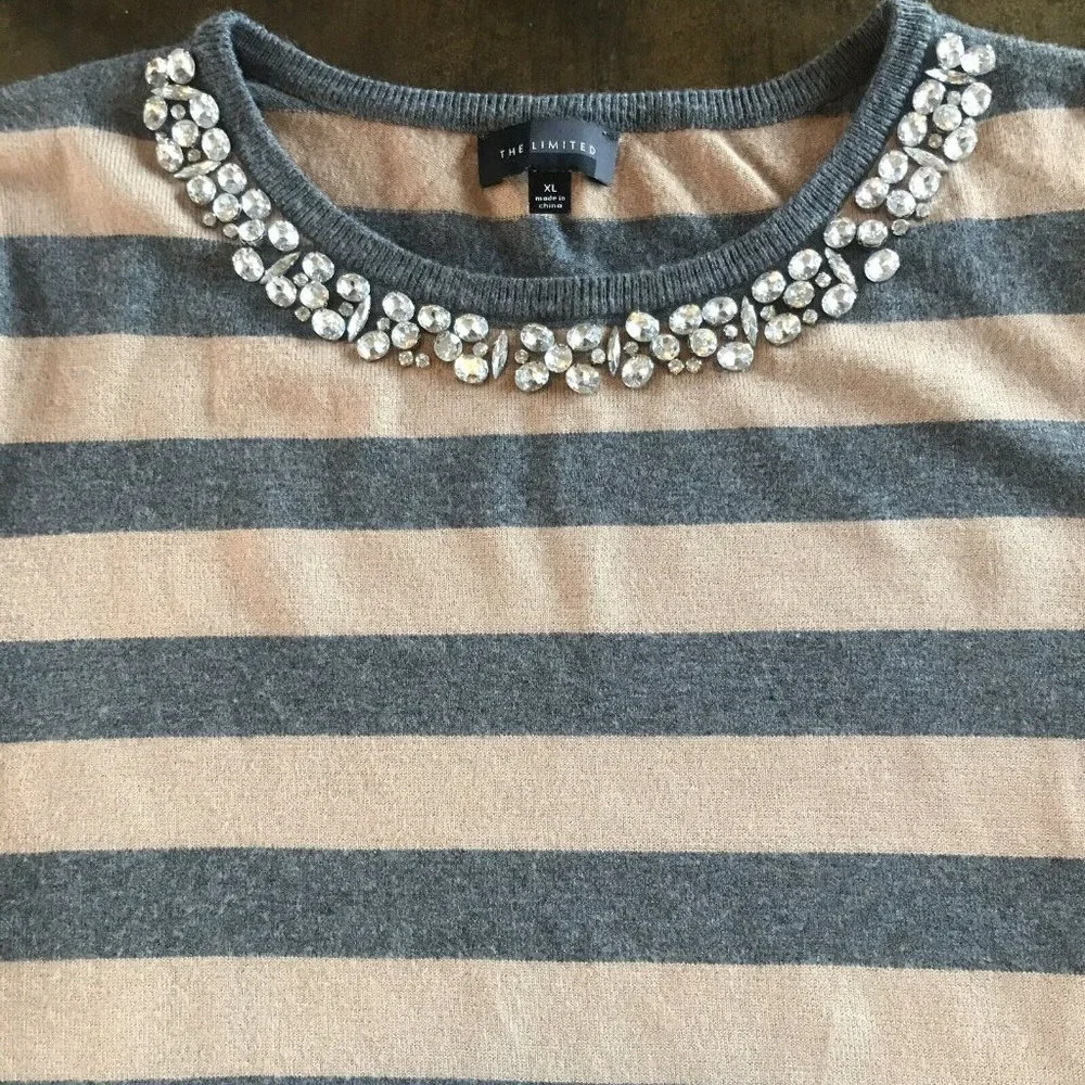 The Limited Sweater XL Tan Grey Stripes Bling Neckline Clear Stone Cluster Soft - Picture 1 of 1